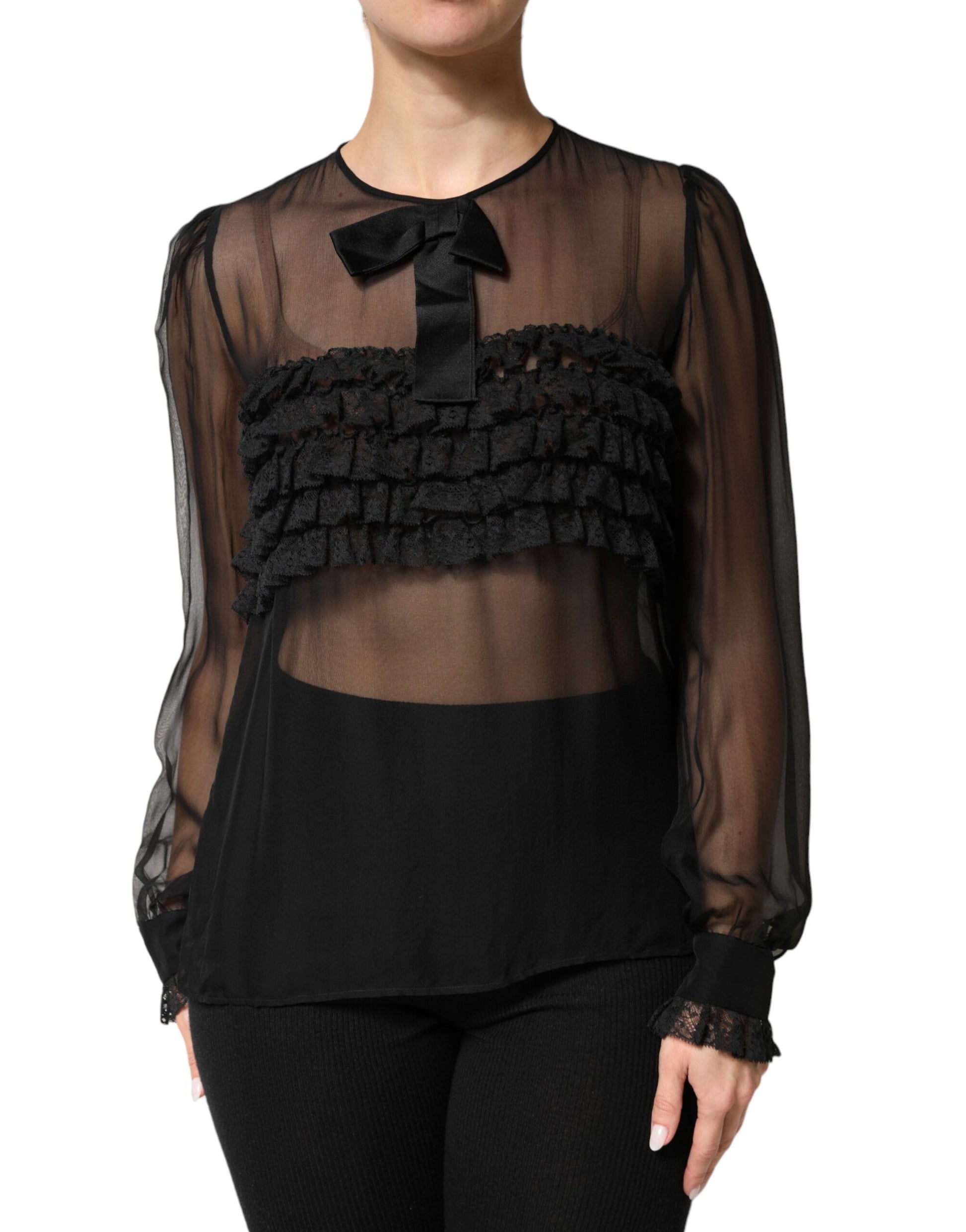 Dolce & Gabbana Black Silk Sheer Ruffle Tie-Neck Blouse Top | Regal Royce