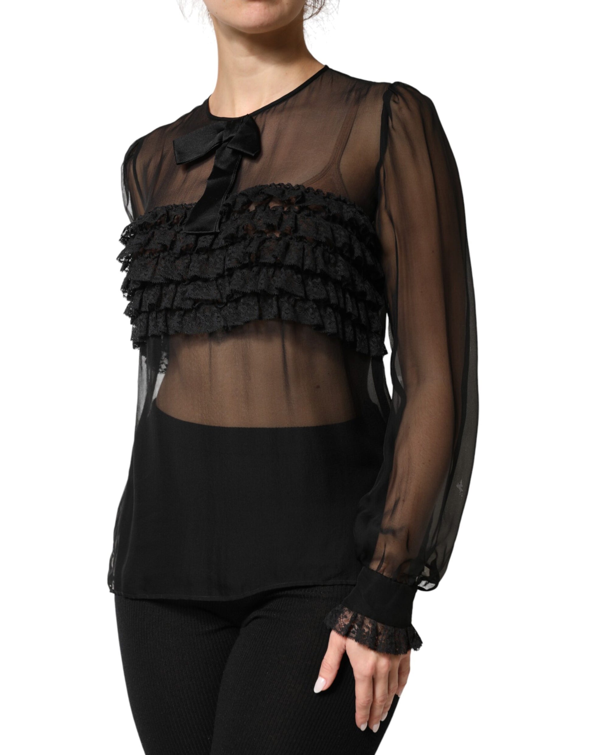 Dolce & Gabbana Black Silk Sheer Ruffle Tie-Neck Blouse Top | Regal Royce