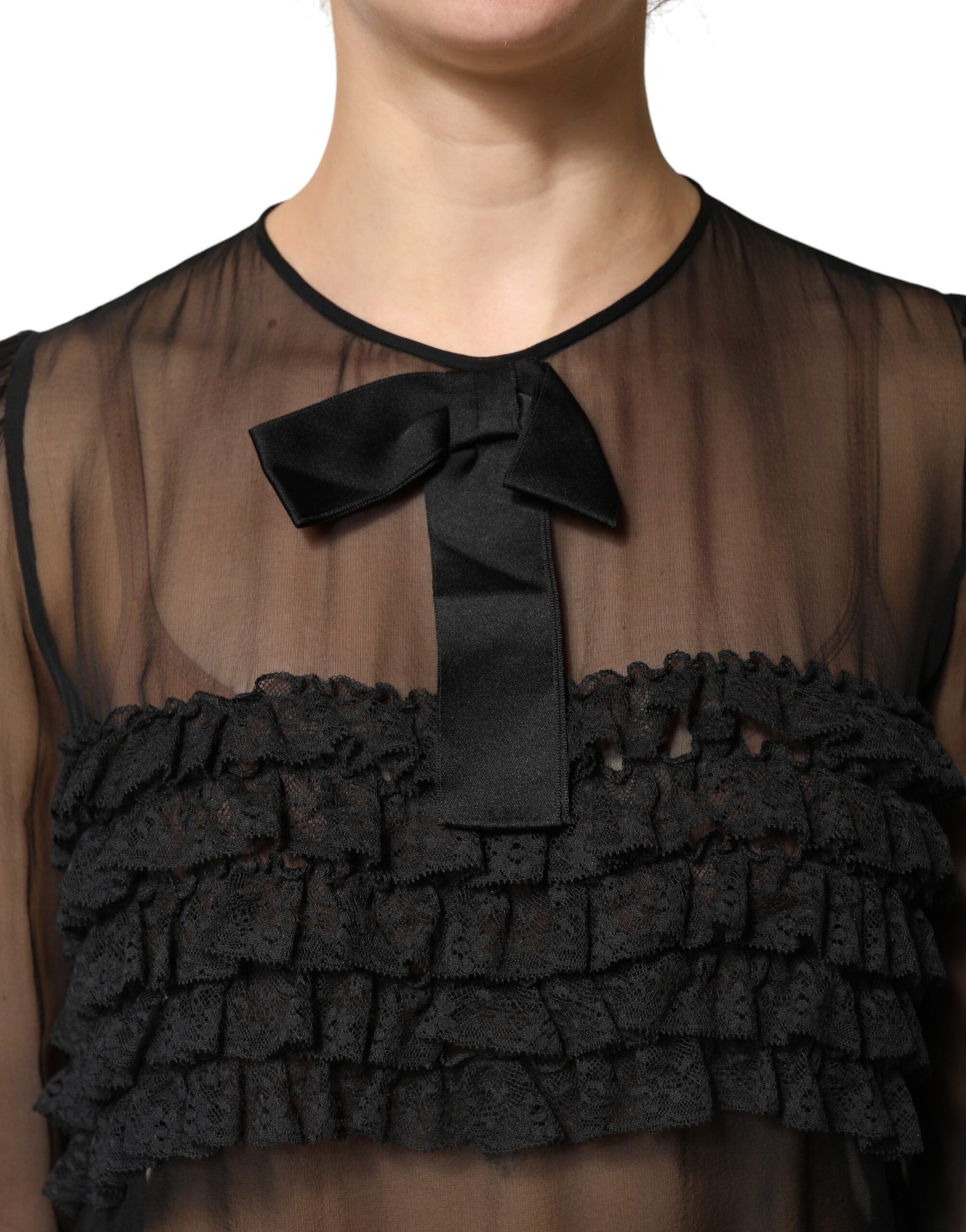 Dolce & Gabbana Black Silk Sheer Ruffle Tie-Neck Blouse Top | Regal Royce