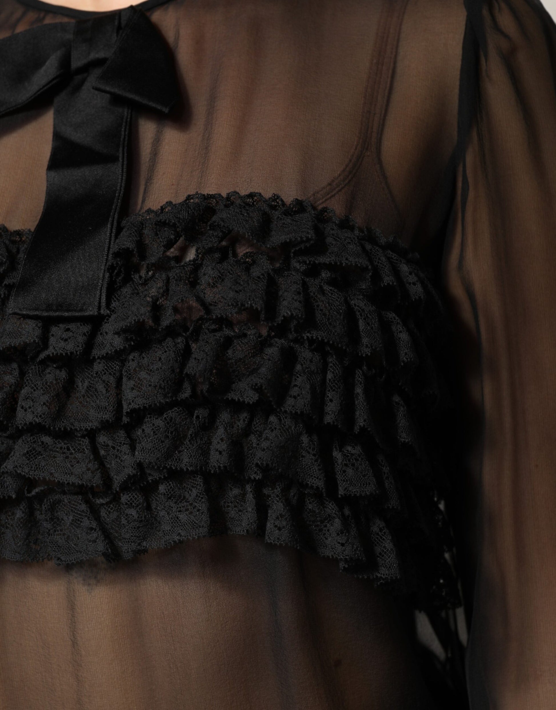 Dolce & Gabbana Black Silk Sheer Ruffle Tie-Neck Blouse Top | Regal Royce