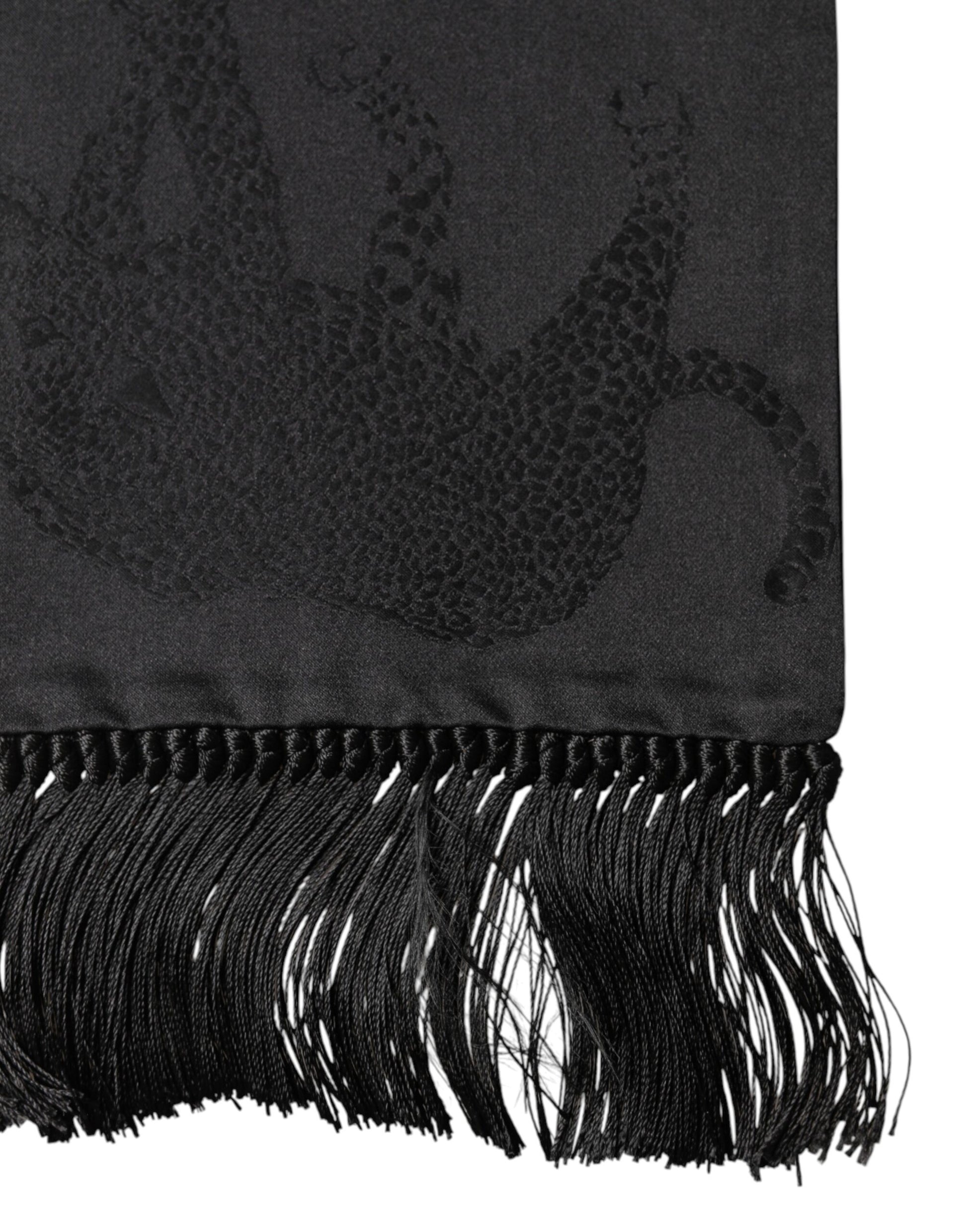 Dolce & Gabbana Black Satin Silk Fringes Neck Foulard Scarf | Regal Royce