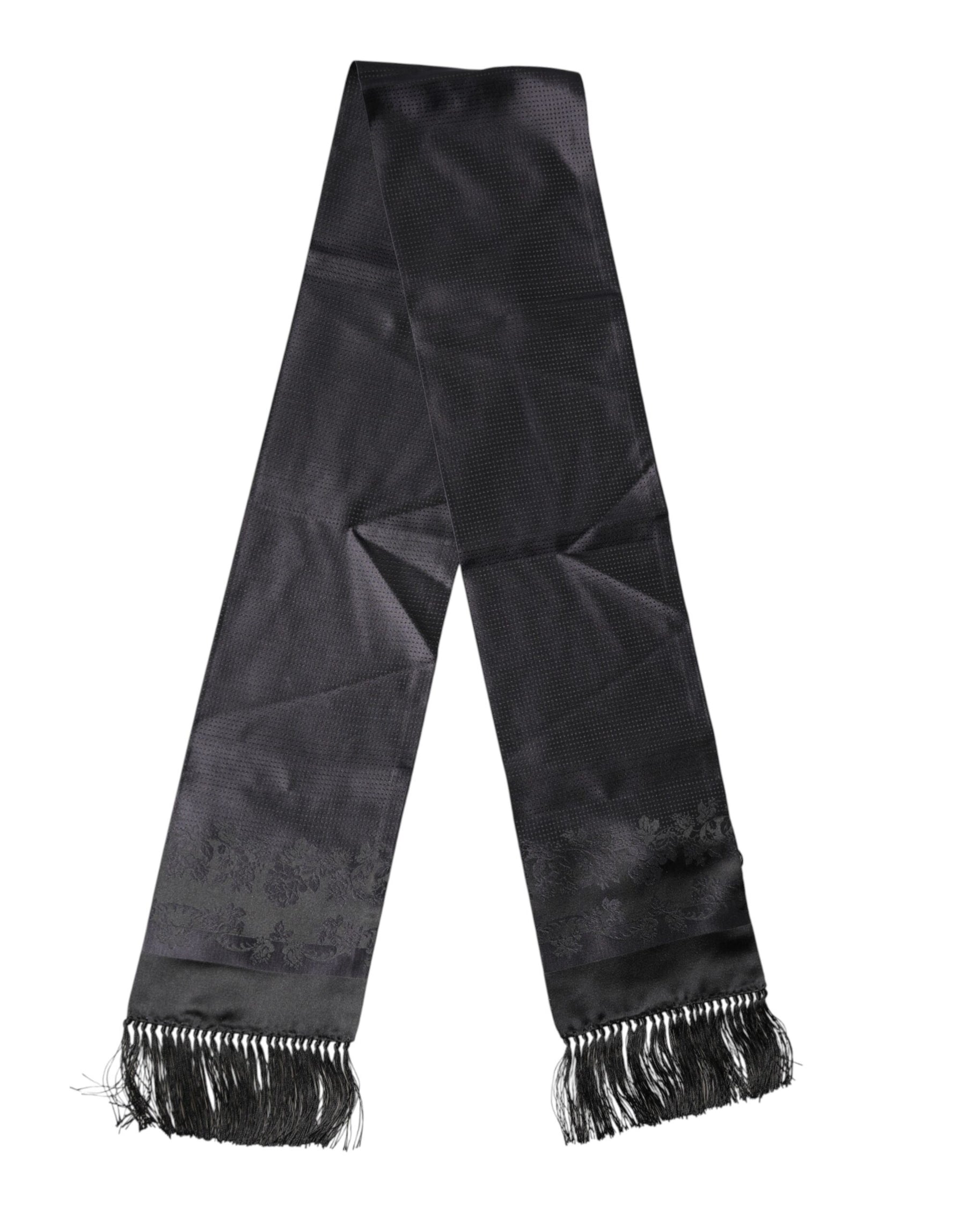 Dolce & Gabbana Black Satin Silk Fringes Neck Foulard Scarf | Regal Royce