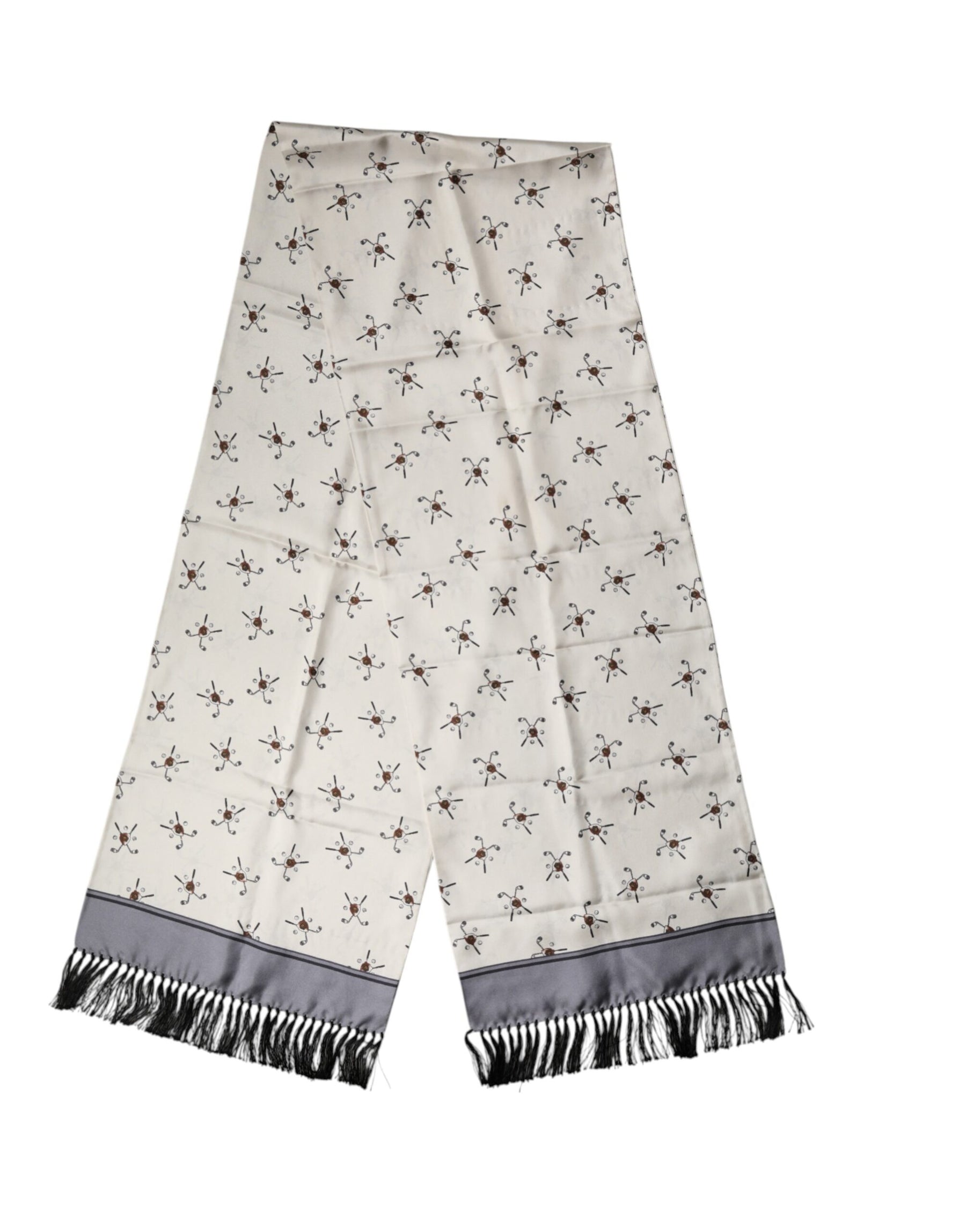 Dolce & Gabbana White Printed Fringes Wrap Foulard Men 183cm x 33cm Scarf | Regal Royce