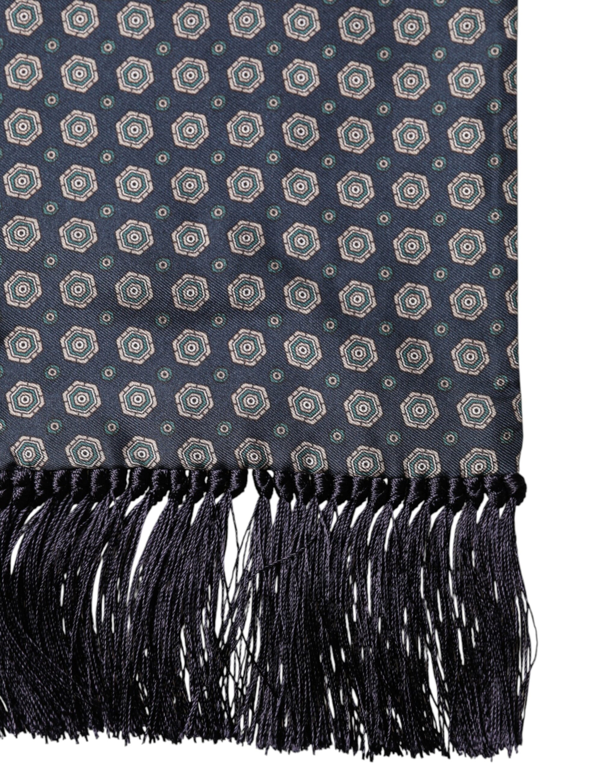 Dolce & Gabbana Blue Patterned Silk Fringes Foulard 138cm x 15.5cm Scarf | Regal Royce