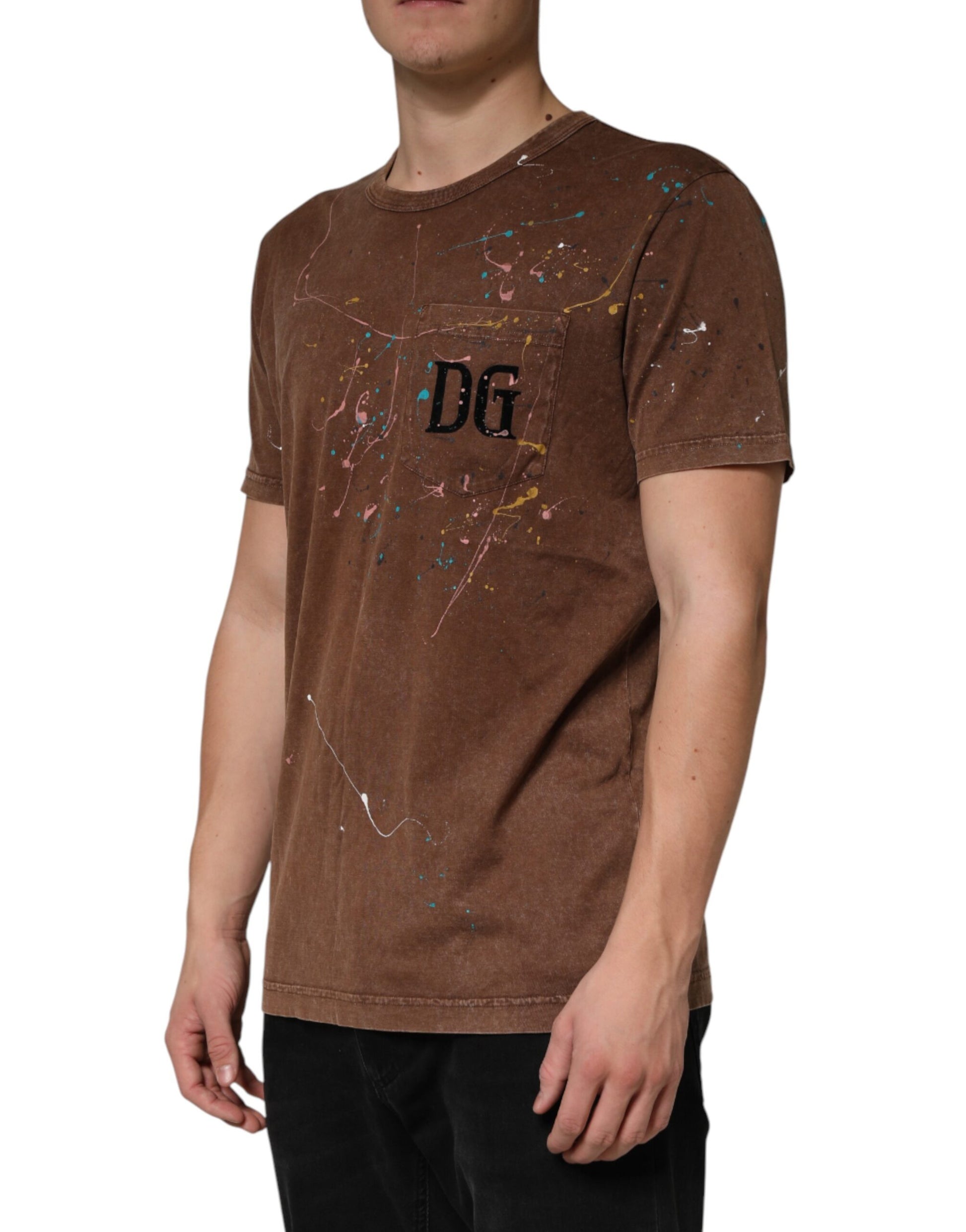 Dolce & Gabbana Brown Splash Color Cotton Crew Neck T-shirt | Regal Royce
