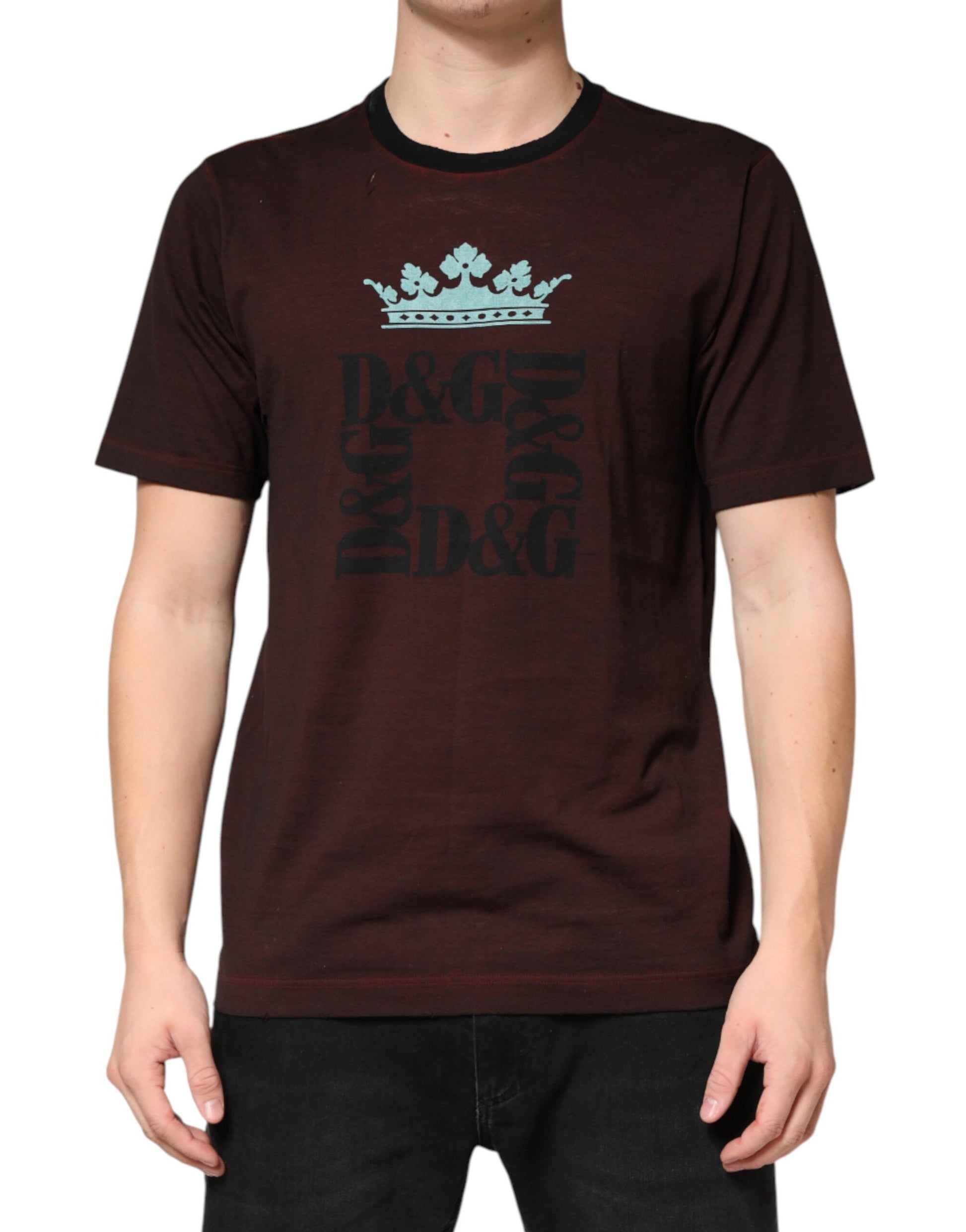 Dolce & Gabbana Maroon DG Crown Cotton Crew Neck Men T-shirt | Regal Royce