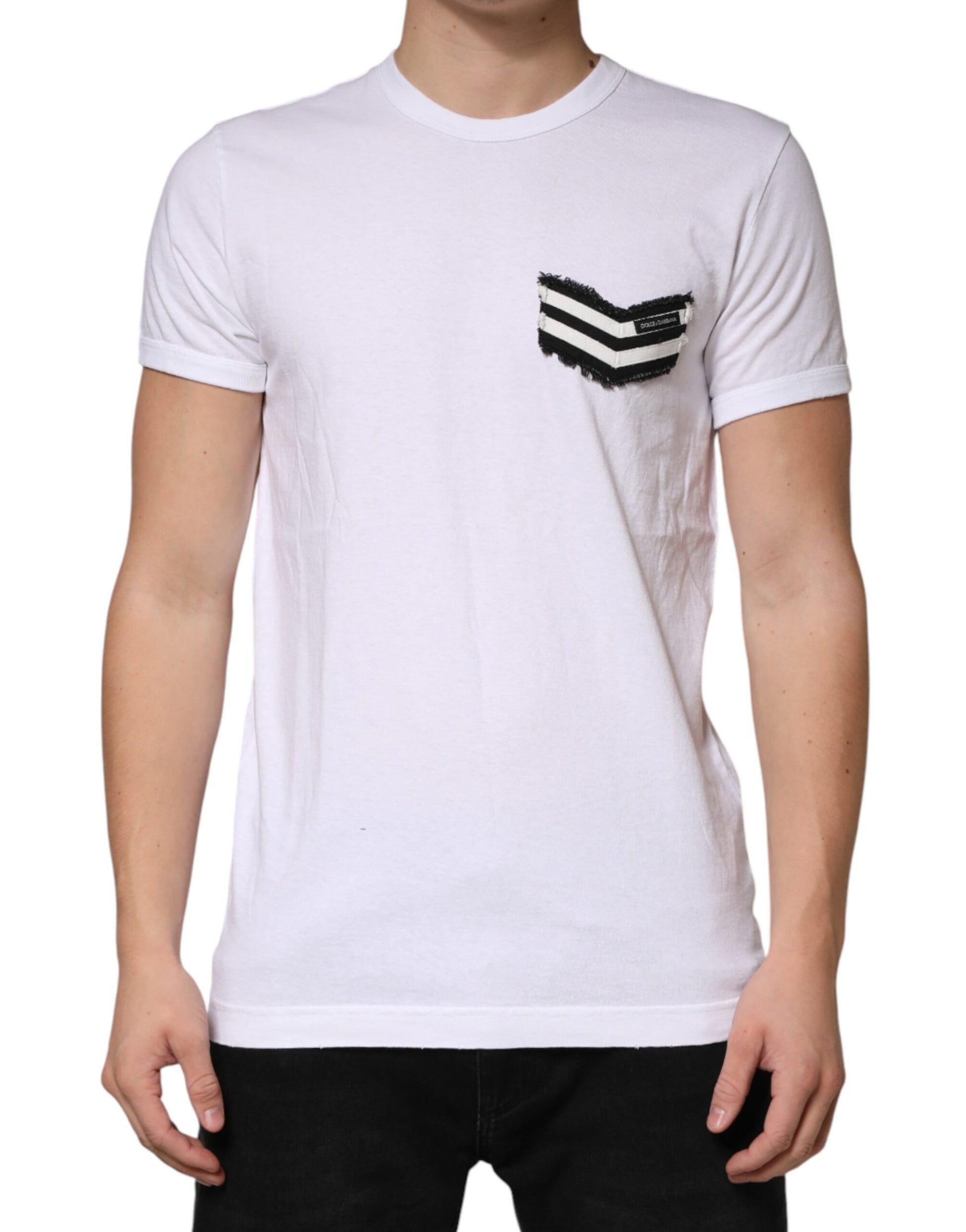Dolce & Gabbana White Stripes Cotton Crew Neck Tee  T-shirt | Regal Royce