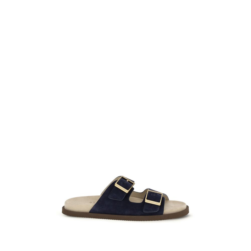 Brunello Cucinelli Black Calf Leather Bos Taurus Flat Sandals | Regal Royce