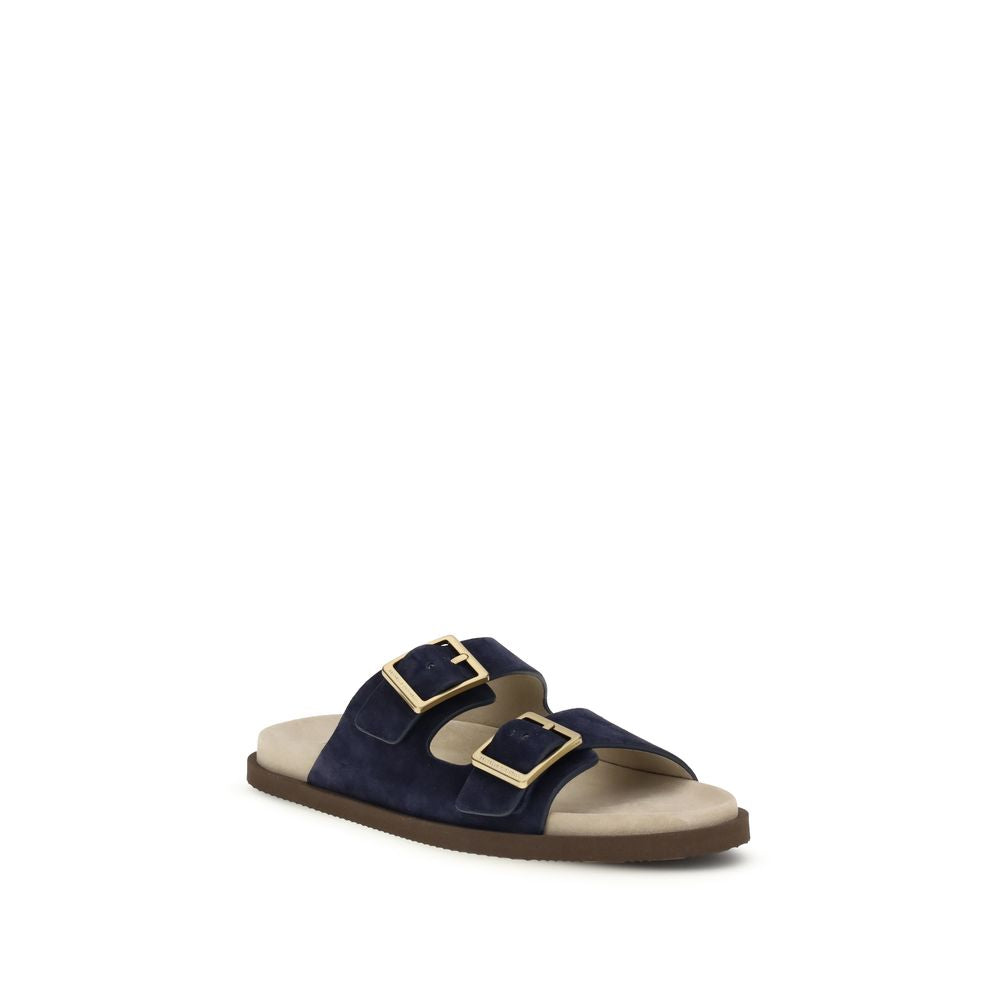 Brunello Cucinelli Black Calf Leather Bos Taurus Flat Sandals | Regal Royce