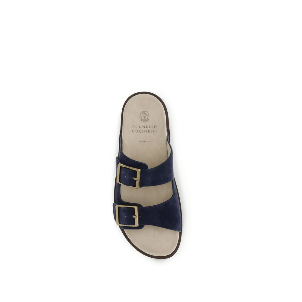 Brunello Cucinelli Black Calf Leather Bos Taurus Flat Sandals | Regal Royce
