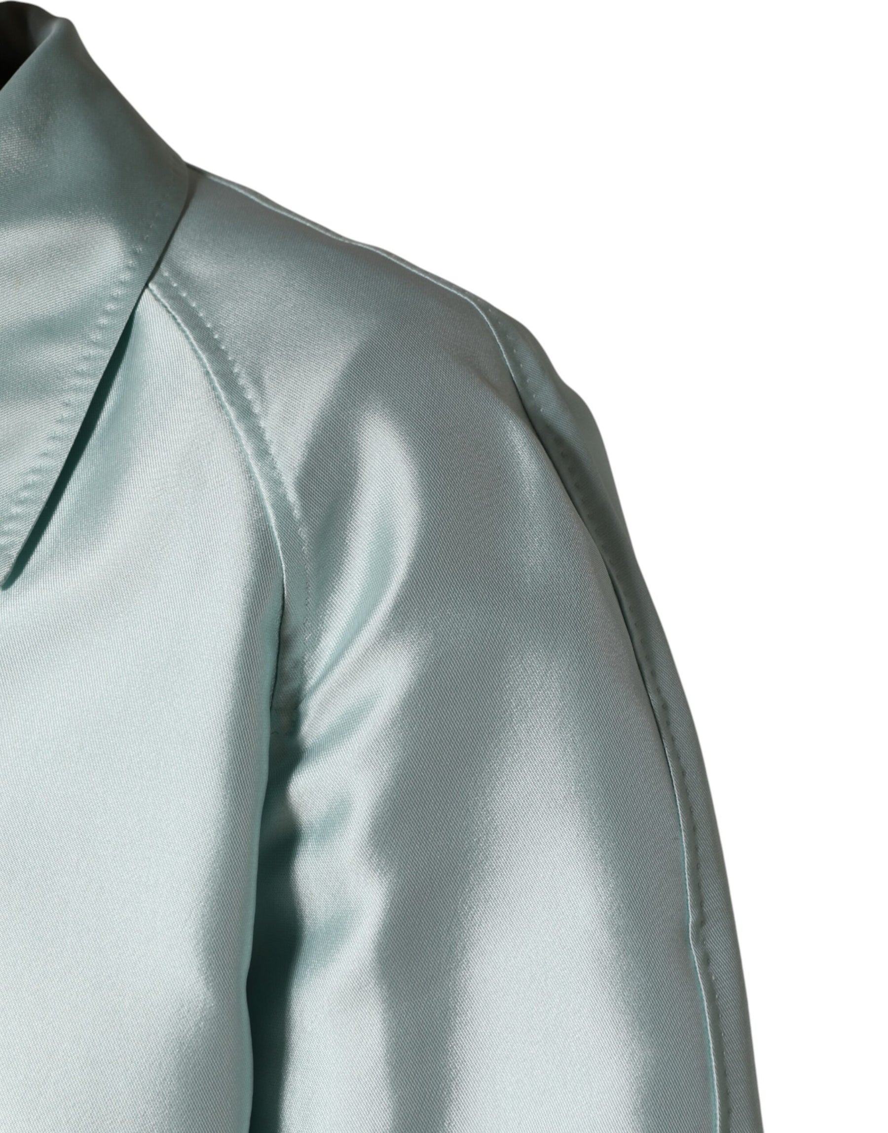 Dolce & Gabbana Teal Satin Collared Long Trench Coat Jacket | Regal Royce