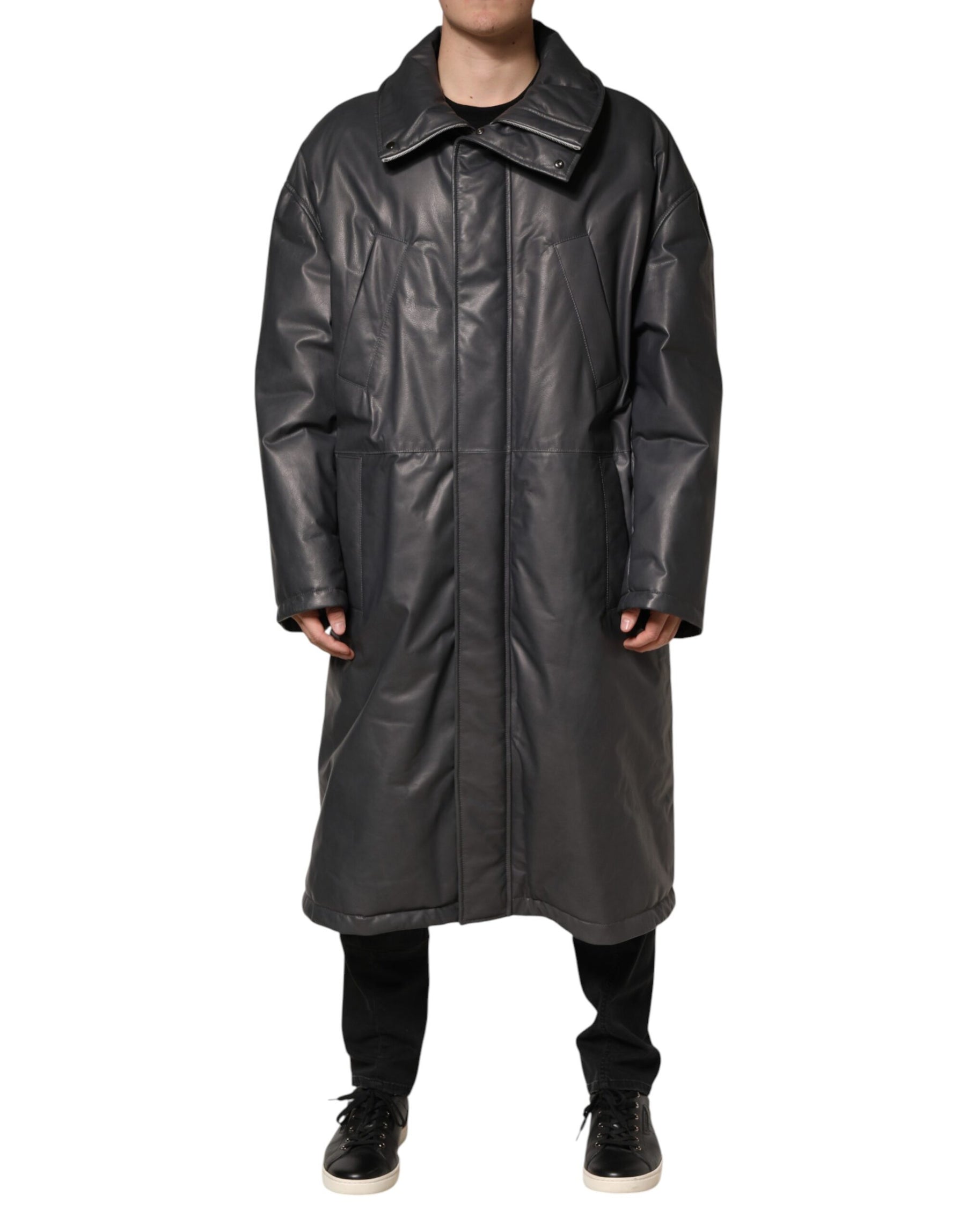 Dolce & Gabbana Black Leather Collared Trench Coat Jacket | Regal Royce
