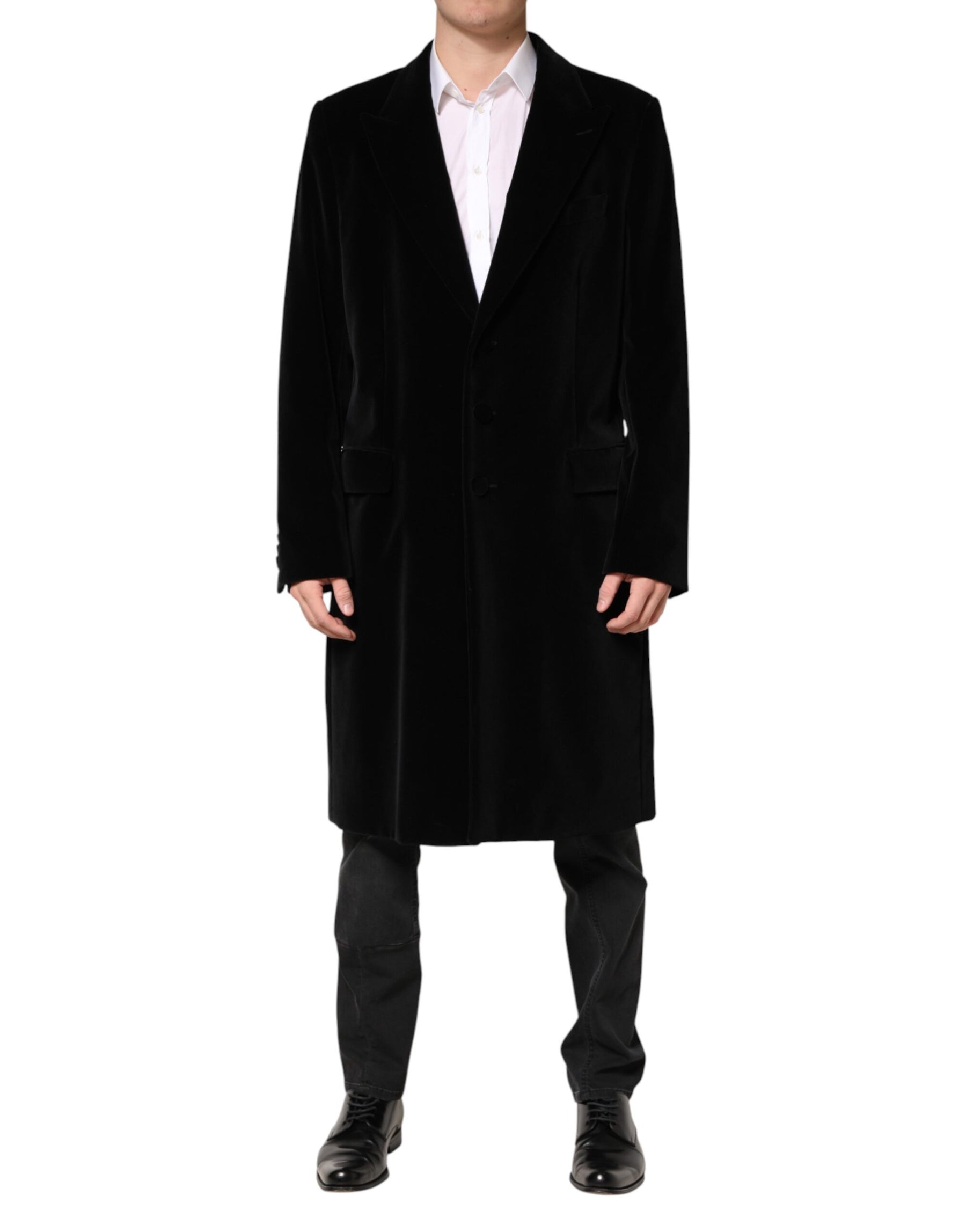 Dolce & Gabbana Black Cotton Velvet Long Trench Coat Jacket | Regal Royce