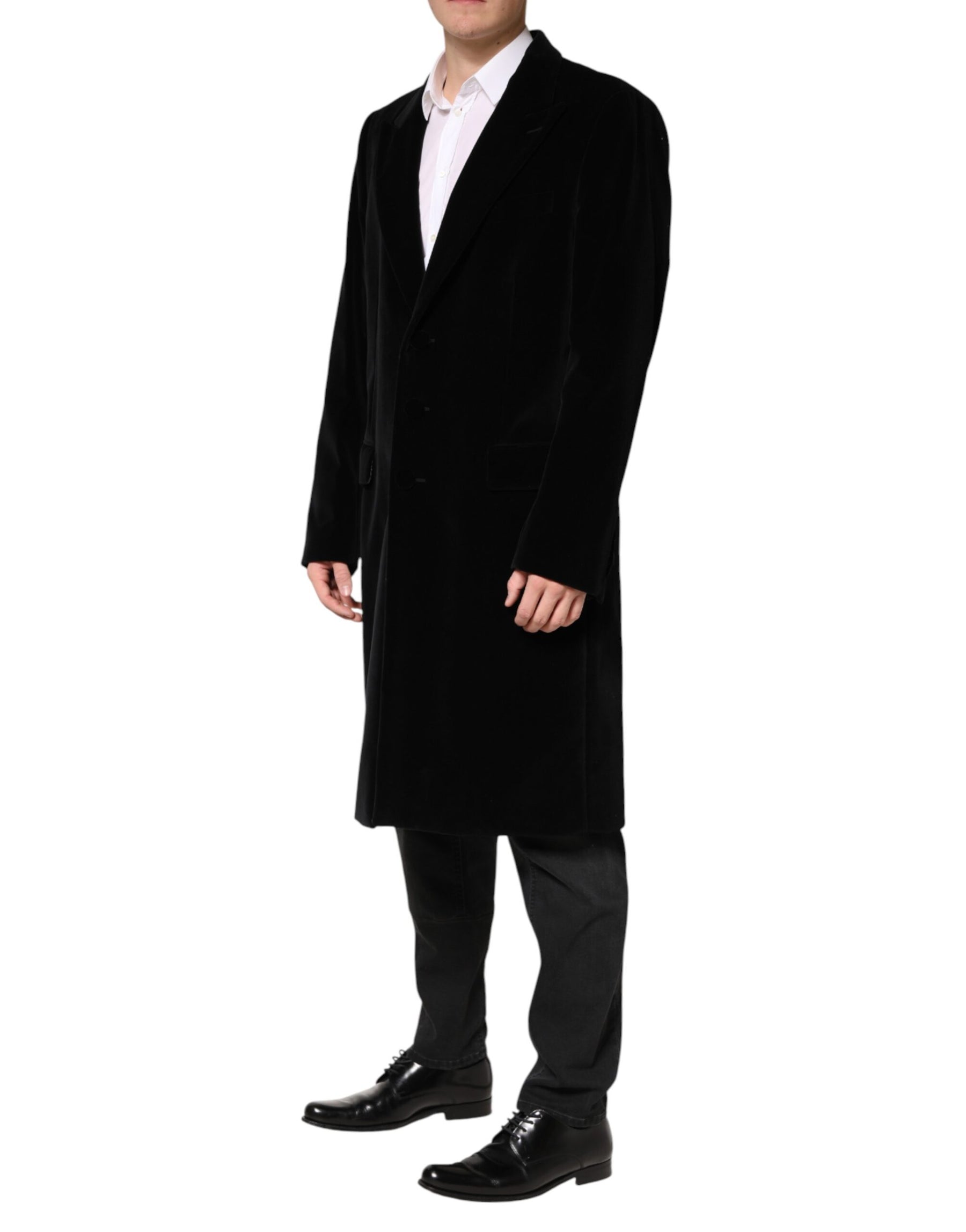 Dolce & Gabbana Black Cotton Velvet Long Trench Coat Jacket | Regal Royce