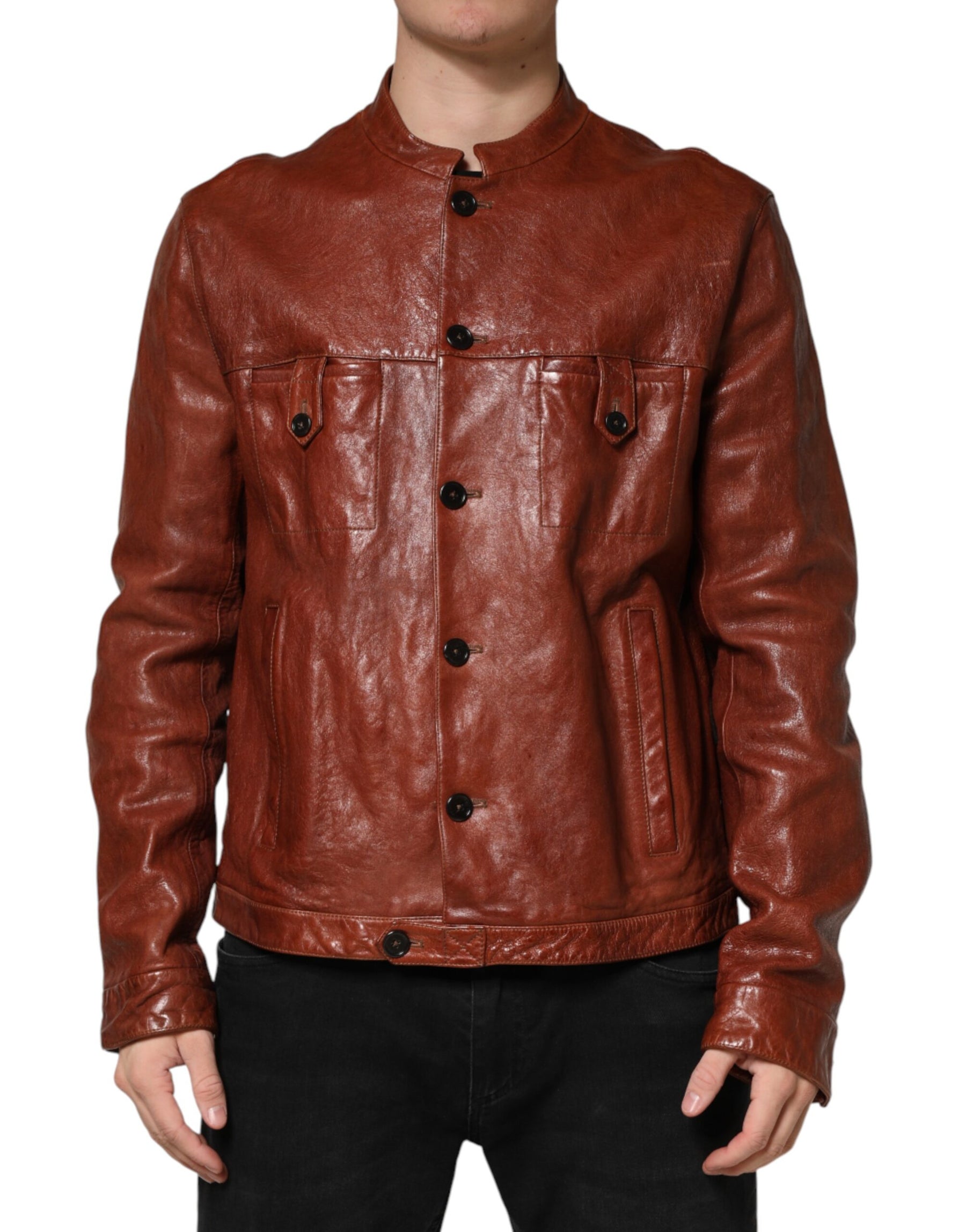 Dolce & Gabbana Brown Leather Button Down Men Biker Jacket | Regal Royce