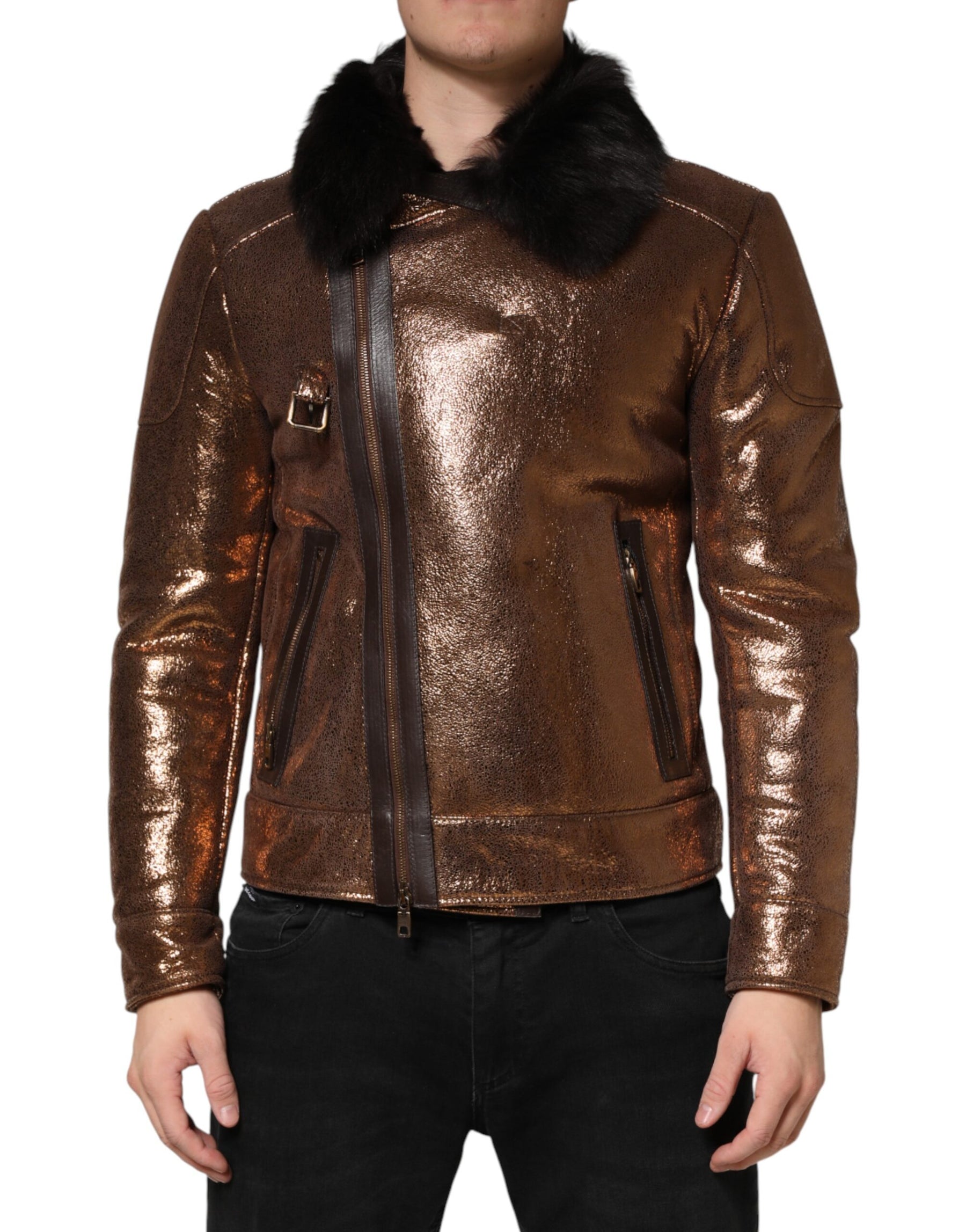 Dolce & Gabbana Bronze Leather Fur Full Zip Men Biker Jacket | Regal Royce