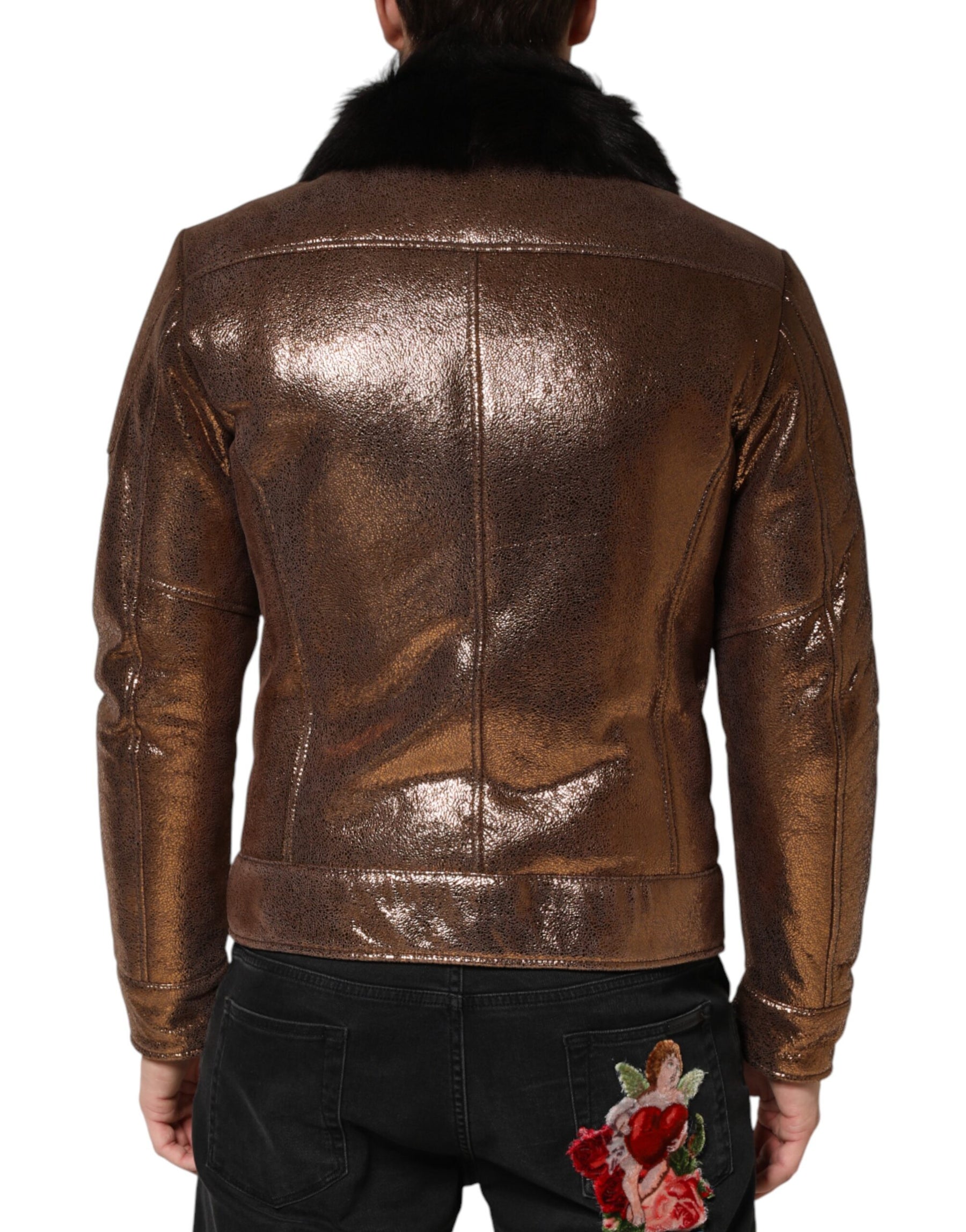Dolce & Gabbana Bronze Leather Fur Full Zip Men Biker Jacket | Regal Royce