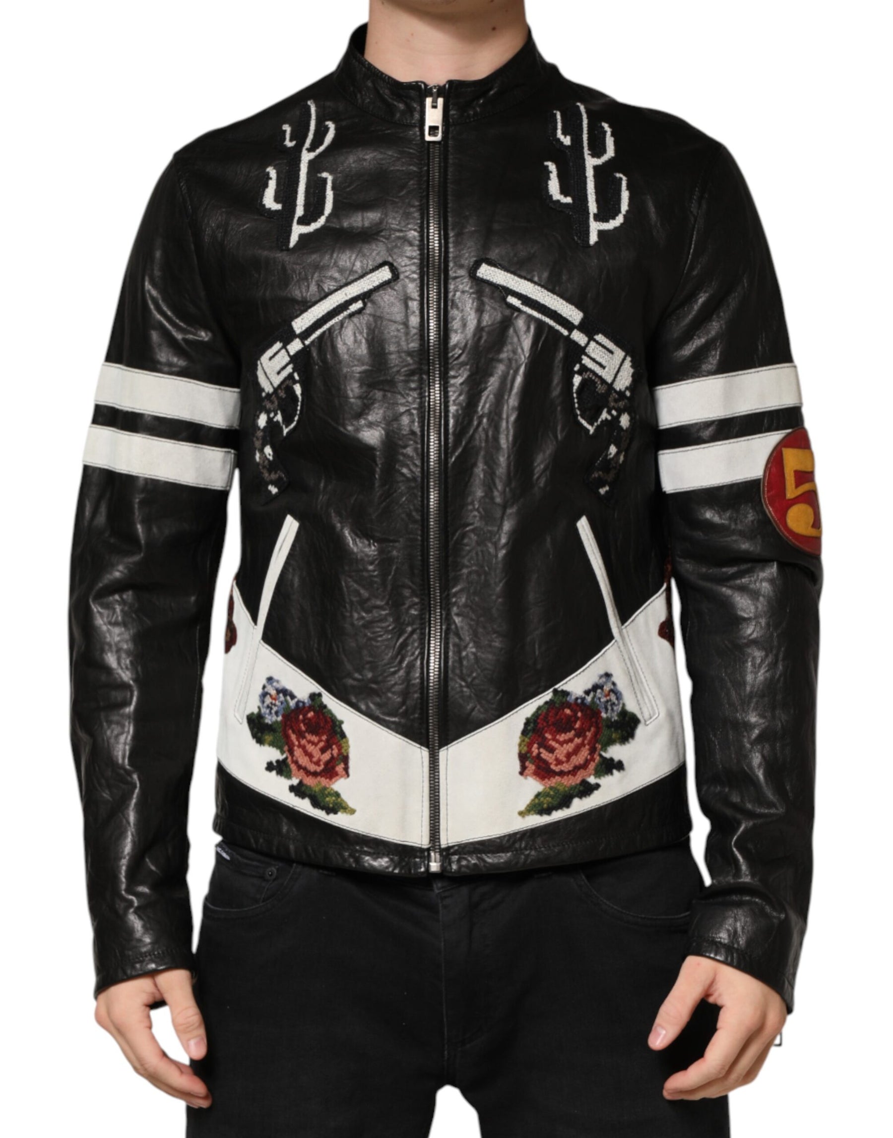 Dolce & Gabbana Black Guns n' Roses FullZip Men Biker Jacket | Regal Royce