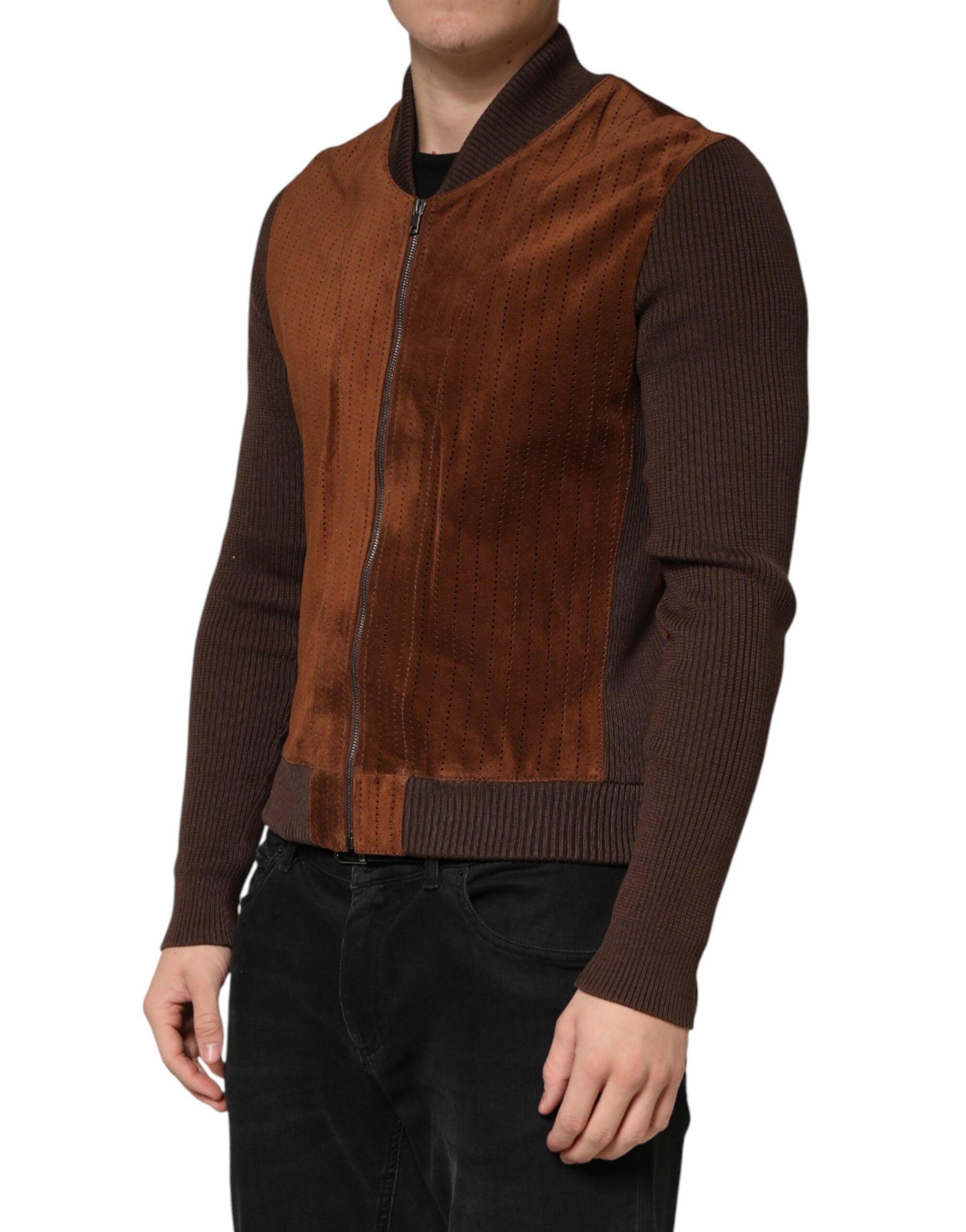 Dolce & Gabbana Brown Velvet Calfskin Full Zip Biker Jacket | Regal Royce