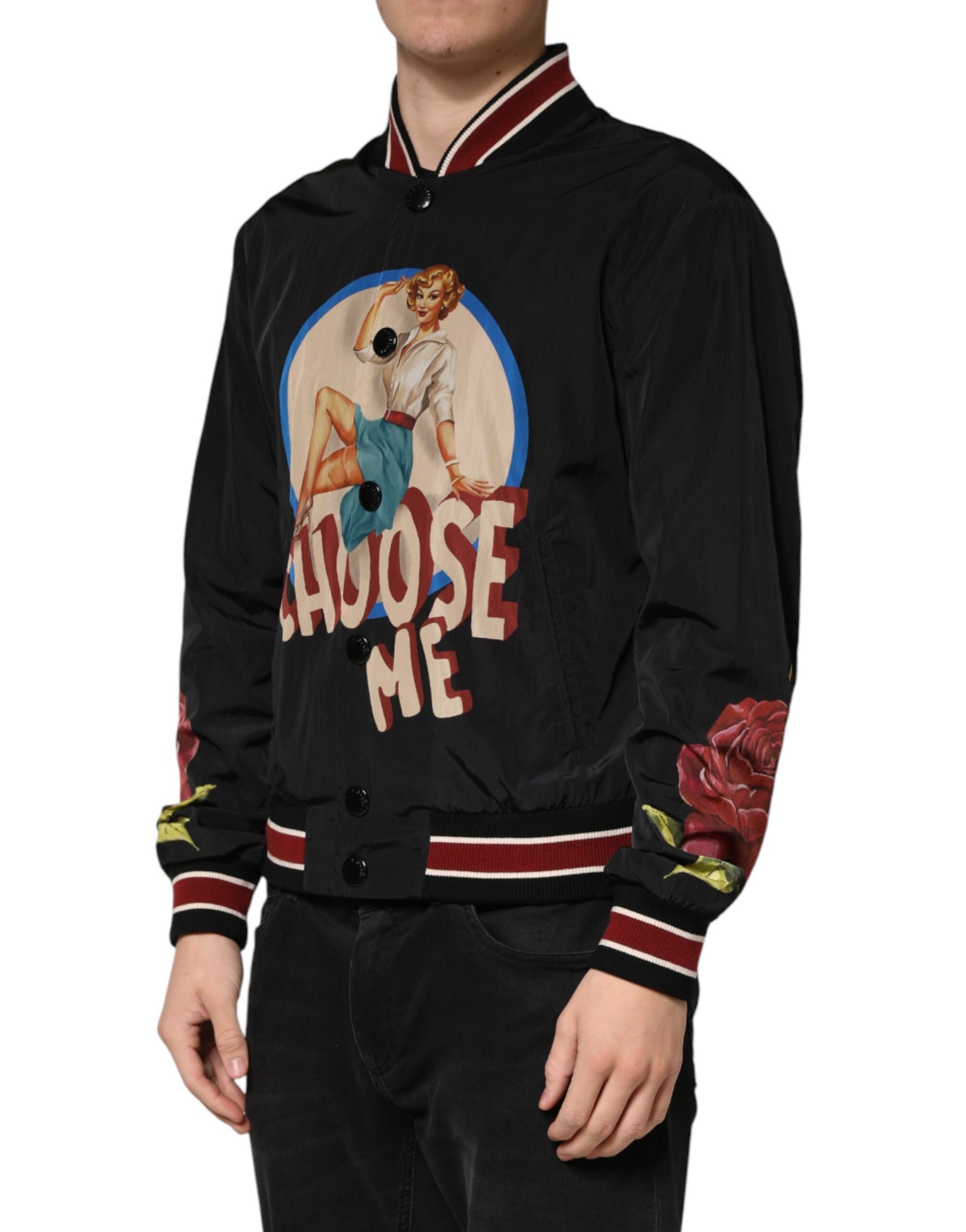 Dolce & Gabbana Black Pin Up Button Down Men Bomber Jacket | Regal Royce